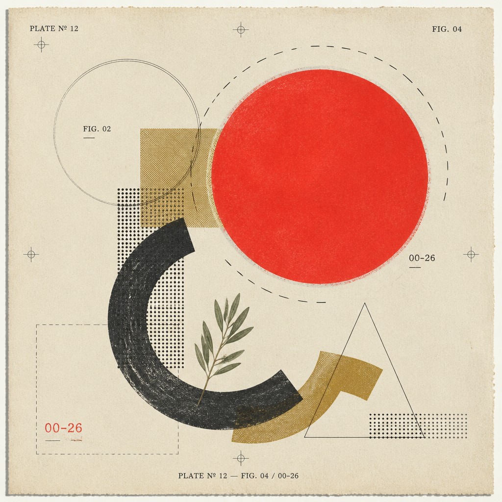 An abstract paper plate with layered circles, arcs, and botanical details